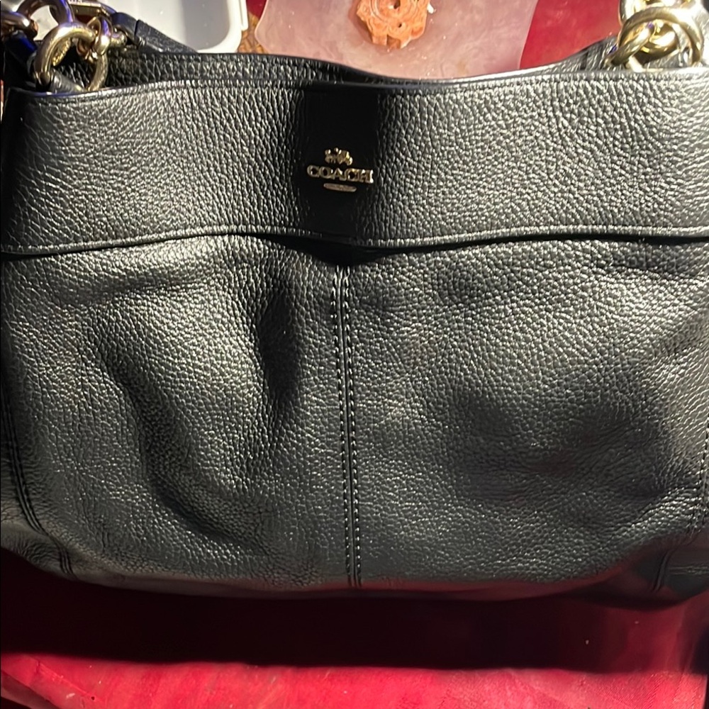 Coach Black Pebbled Leather Shoulder Bag with Gold Accents